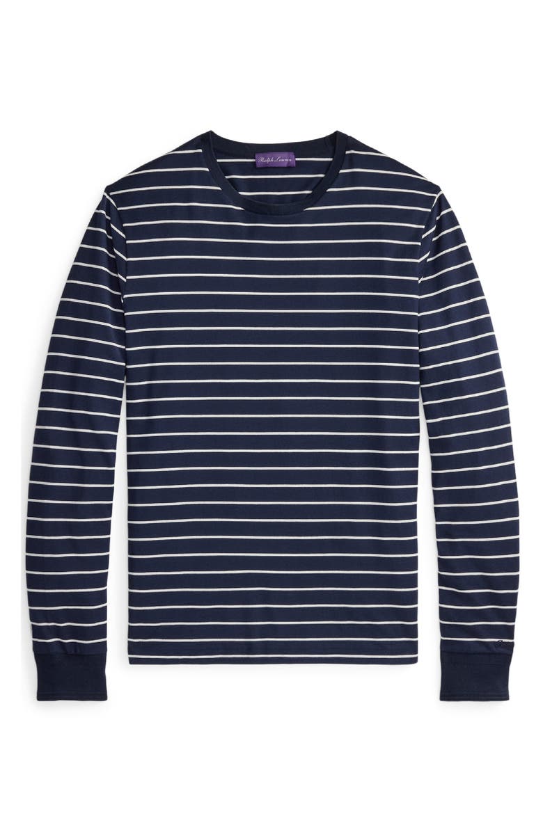 Ralph Lauren Purple Label Luxury Lisle Stripe Long Sleeve Cotton T-Shirt, Alternate, color, Classic Chairman Navy
