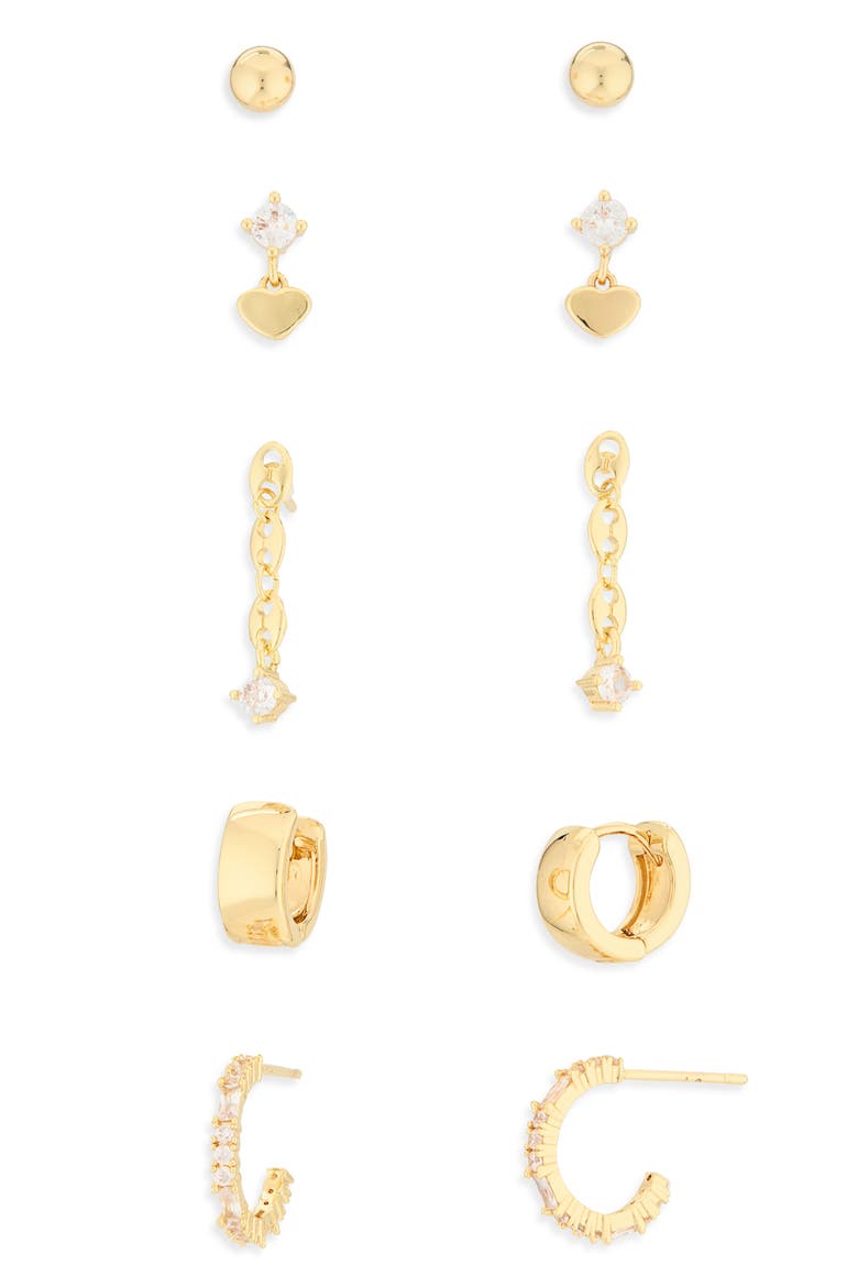 Set of 5 Cubic Zirconia Heart Stud, Drop & Huggie Hoop Earrings, Alternate, color, CLEAR- GOLD