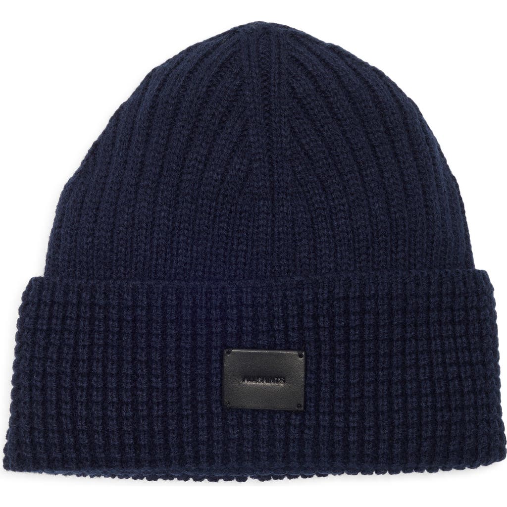 Allsaints Logo Patch Cuffed Beanie In Blue