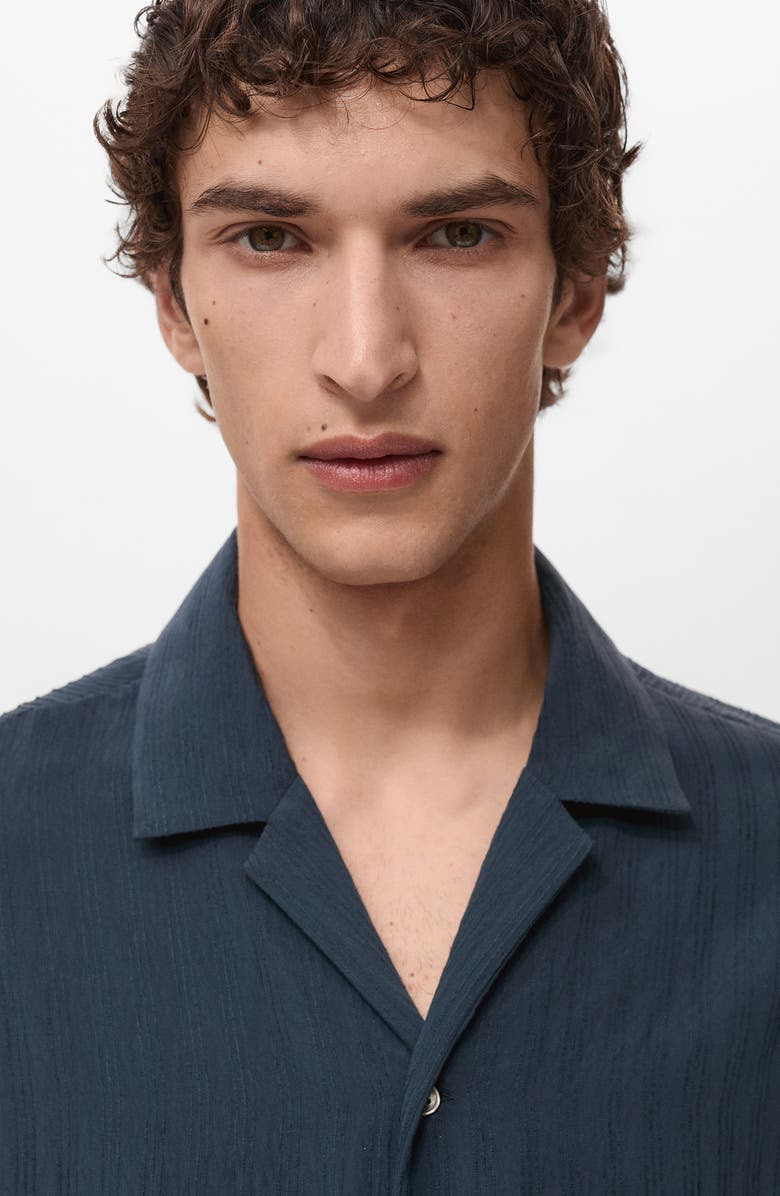 MANGO Stripe Embroidered Camp Shirt, Alternate, color, Navy