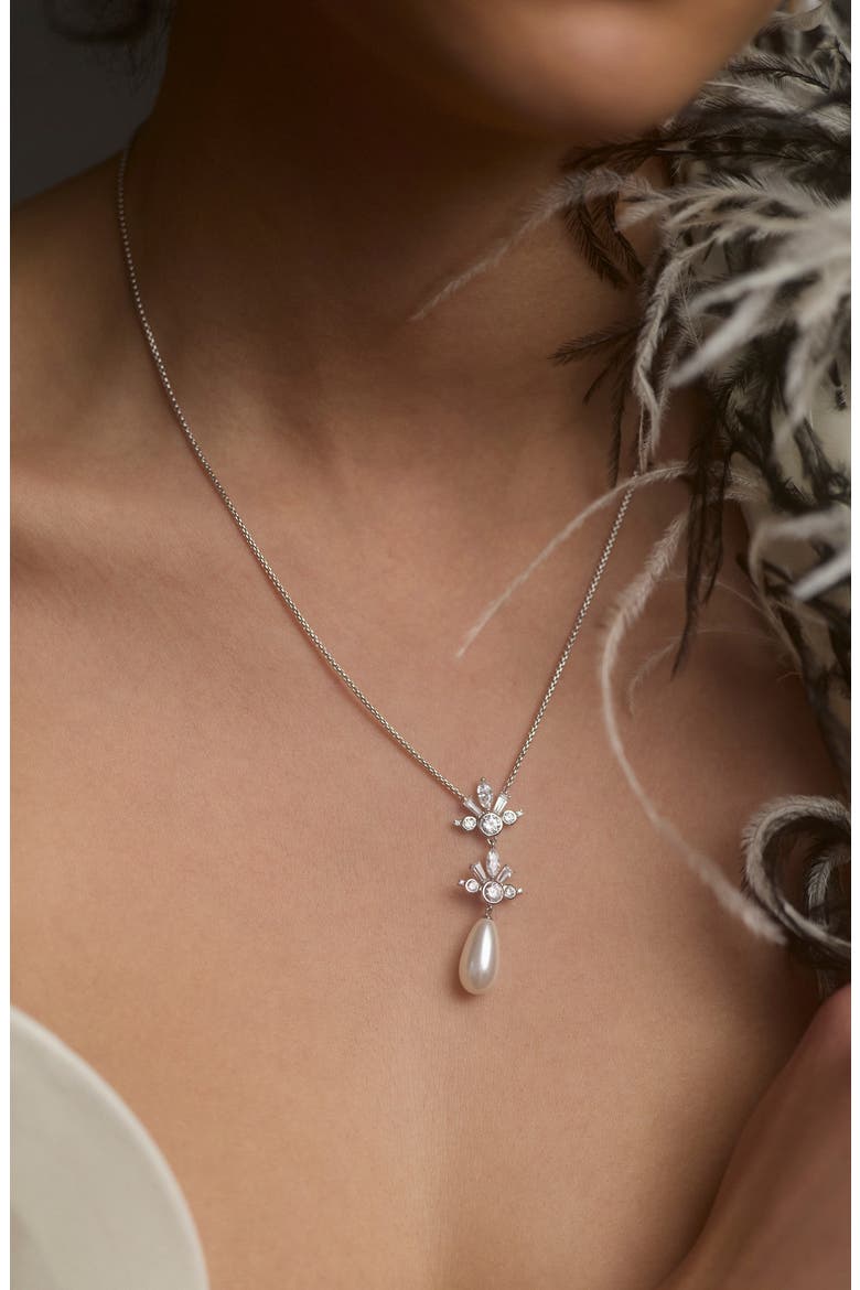 Undersea Imitation Pearl Teardrop Pendant Necklace, Alternate, color, RHODIUM