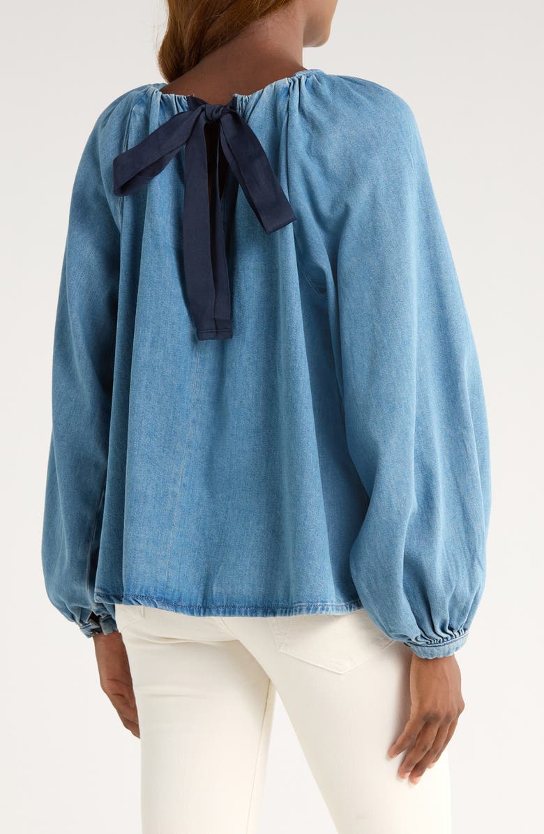 Topshop Puff Sleeve Denim Shirt, Alternate, color, Medium Blue