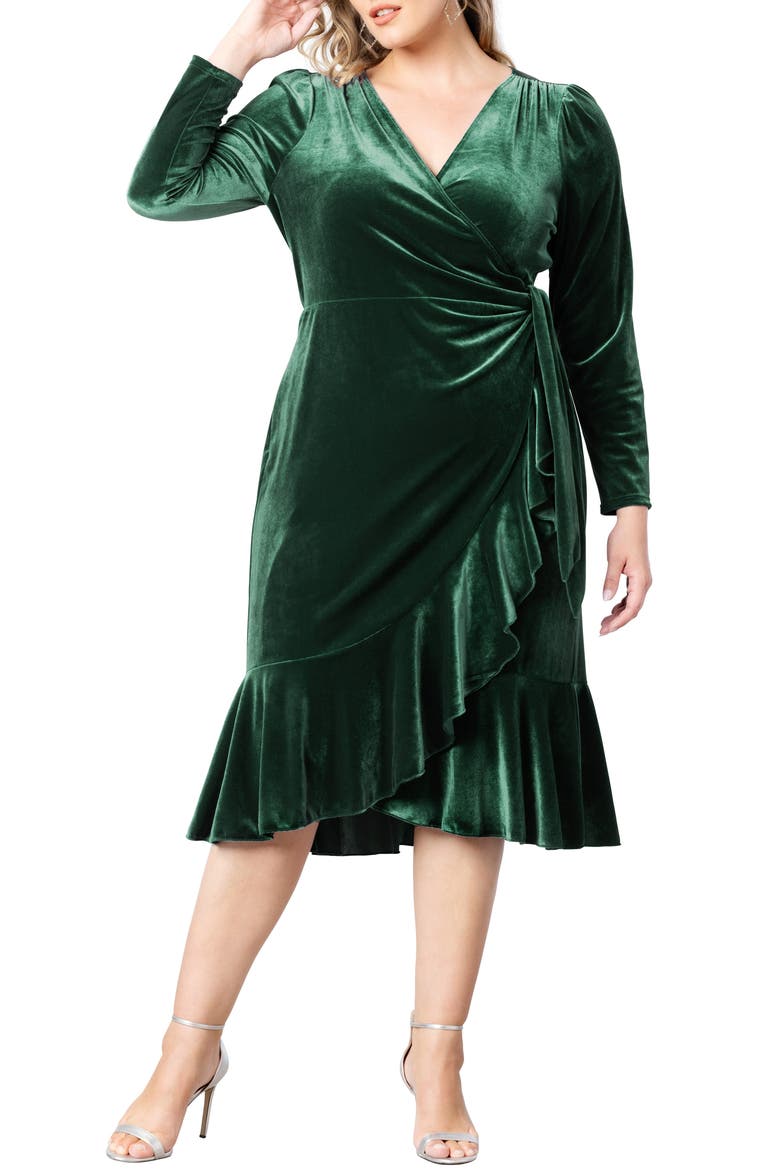 Viola Velvet Wrap Midi Dress, Main, color, EMERALD GREEN