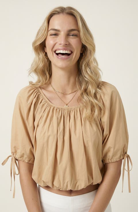 Puff Sleeve Short Top with Gathered Neckline