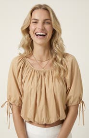 Modenaire Puff Sleeve Short Top with Gathered Neckline