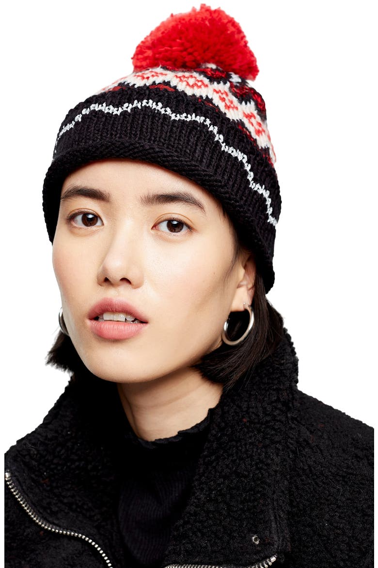 Sequin Fair Isle Pom Beanie, Alternate, color, BLACK MULTI
