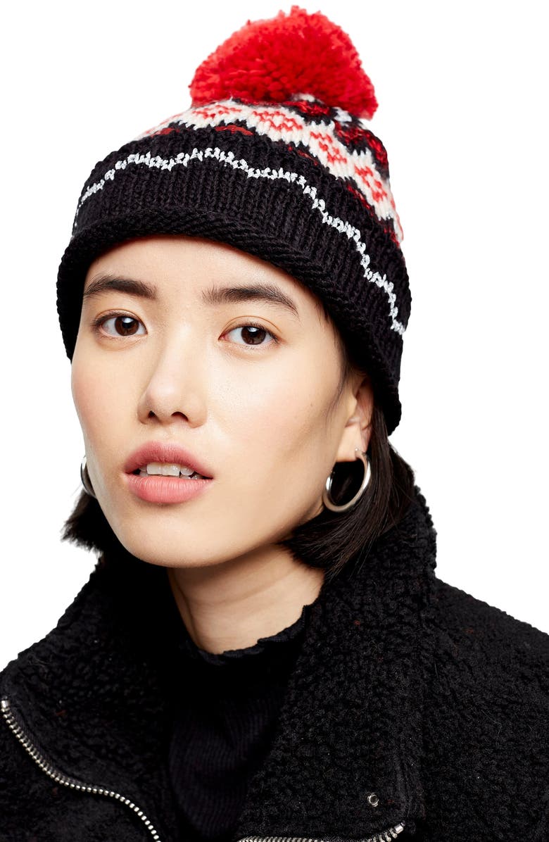 Topshop Sequin Fair Isle Pom Beanie, Alternate, color, 