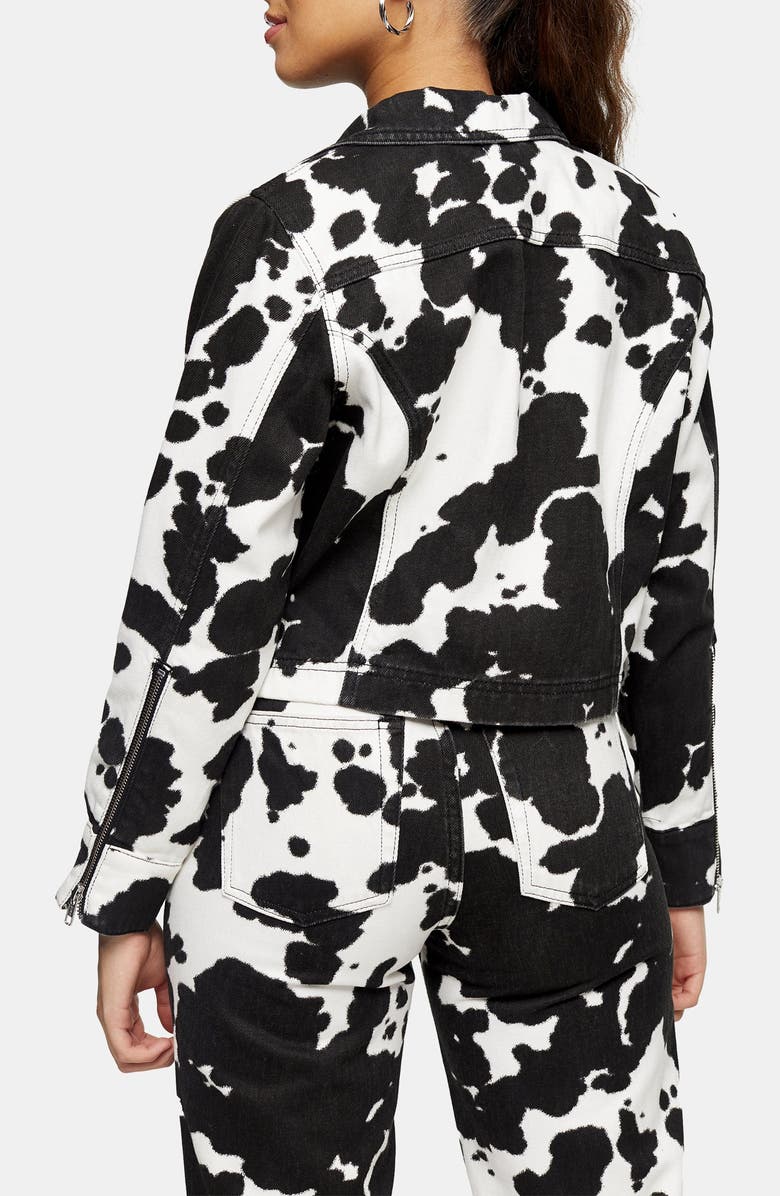 Topshop Cow Print Denim Jacket, Alternate, color,