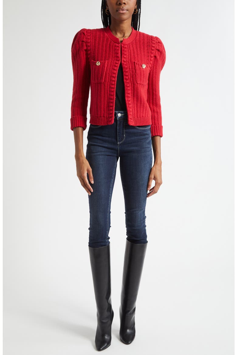 Delli Juliet Sleeve Cotton Blend Cardigan, Alternate, color, ENGINE RED/ GOLD