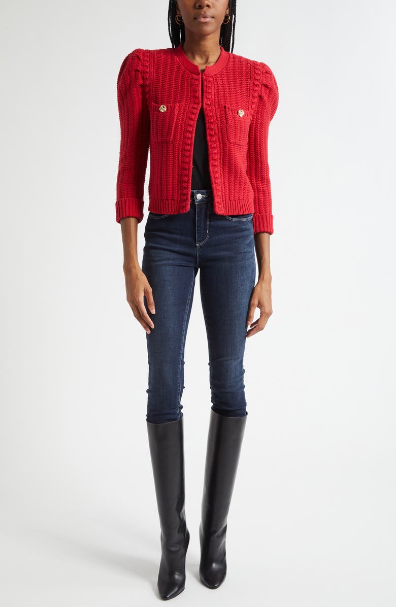 L'AGENCE Delli Juliet Sleeve Cotton Blend Cardigan, Alternate, color, Engine Red/ Gold