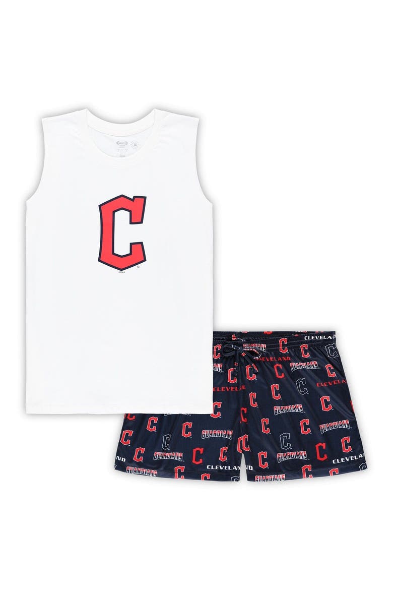 Women's Concepts Sport White/Navy Cleveland Guardians Plus Size Tank Top & Shorts Sleep Set, Main, color, White