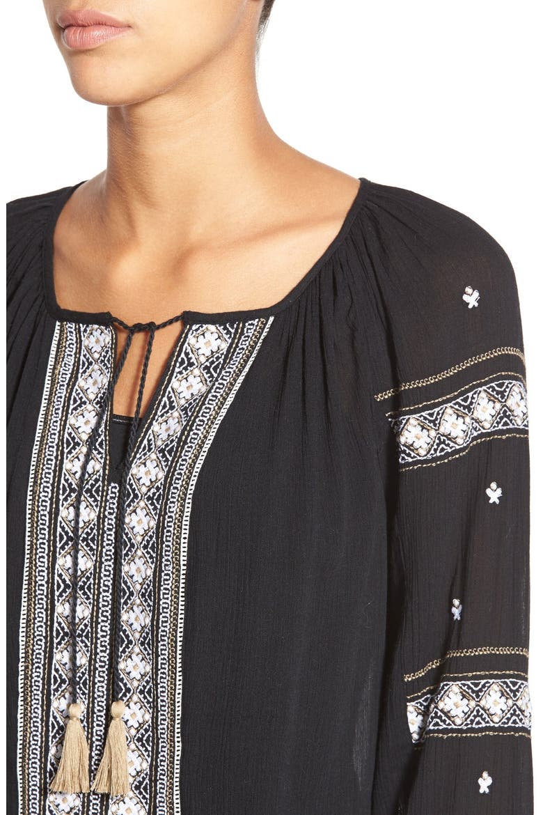 Embroidered Peasant Tunic Top, Alternate, color, BLACK- IVORY EMBROIDERY