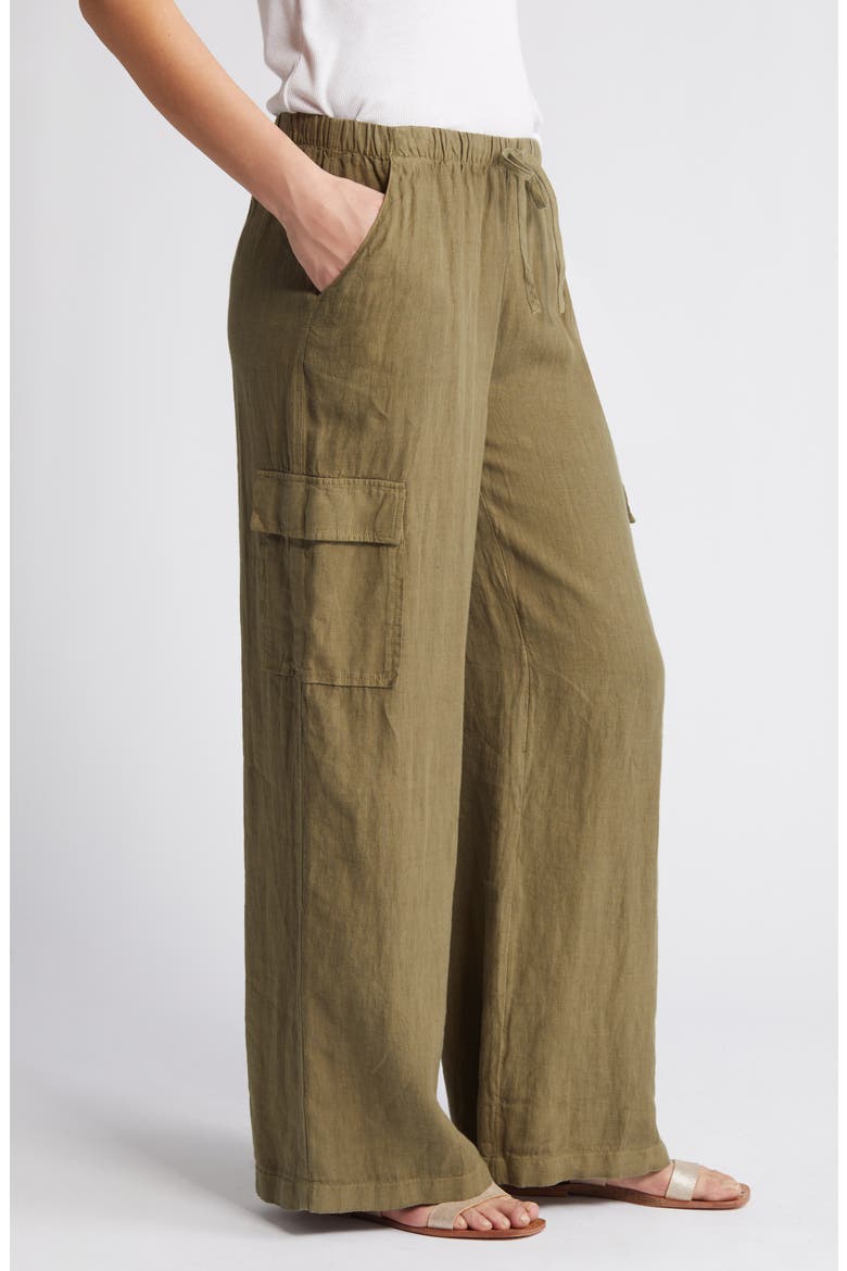Drawstring Wide Leg Linen Cargo Pants, Alternate, color, OLIVE BURNT