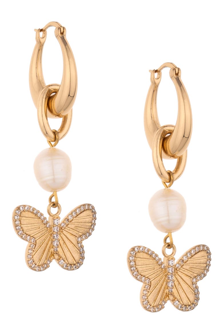 Butterfly & Imitation Pearl Drop Earrings, Main, color, GOLD