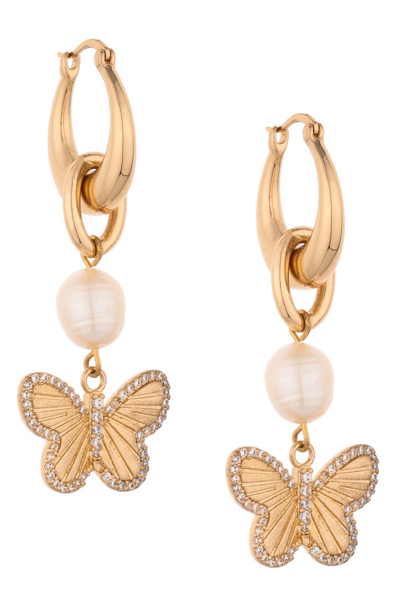Ettika Butterfly & Imitation Pearl Drop Earrings, Main, color, 