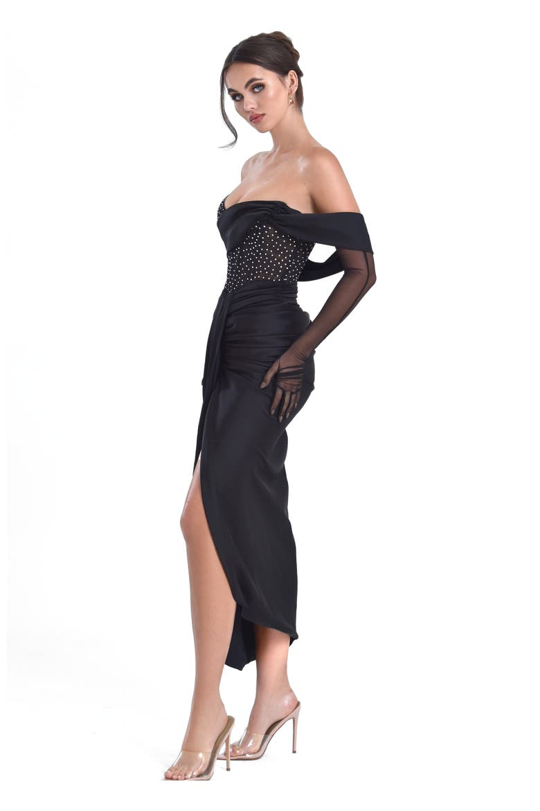 Stella Off Shoulder Crystal Corset Satin Gown, Alternate, color, Black