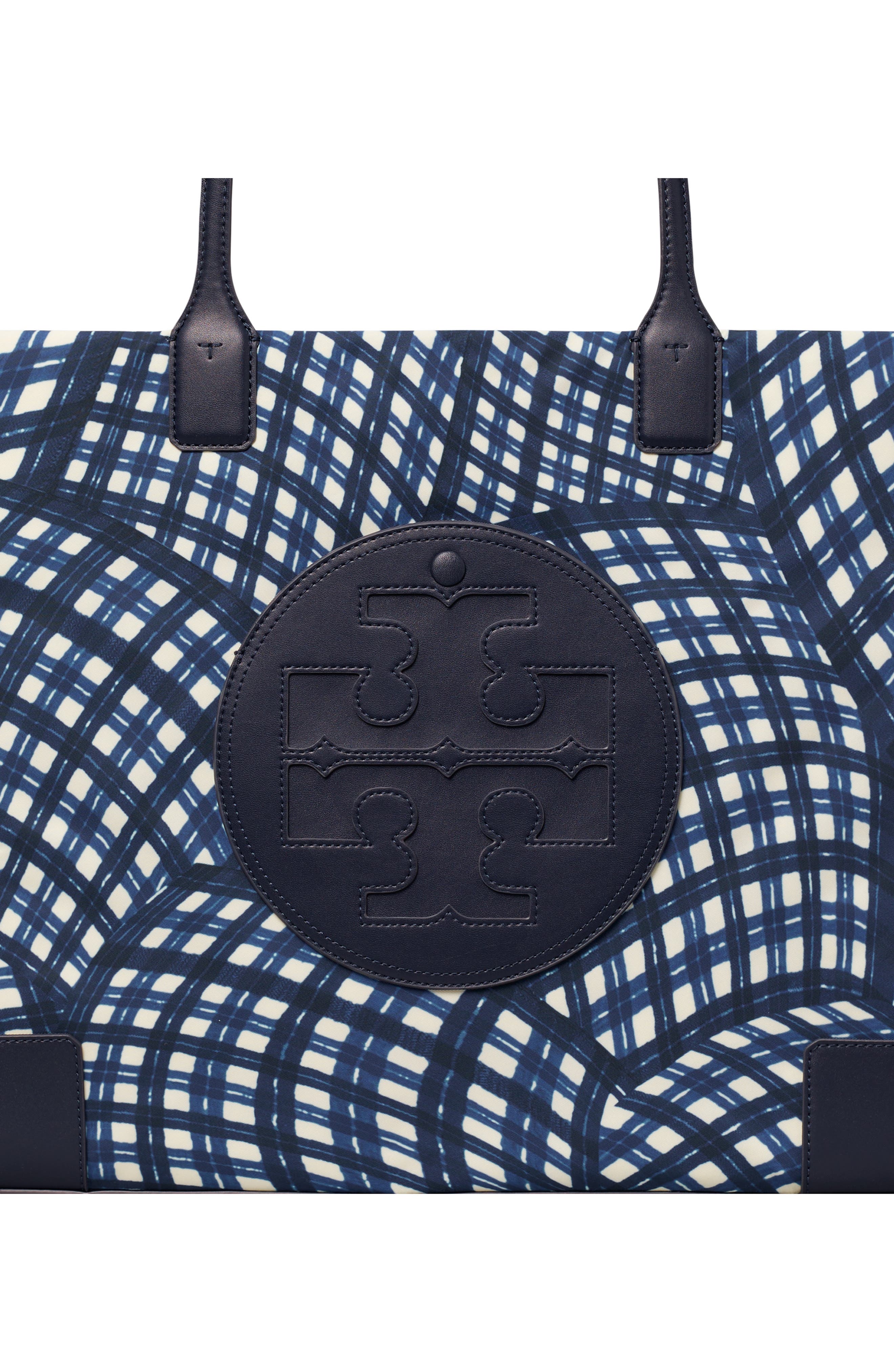 Tory Burch Ella Print Tote, Alternate, color, Navy Warped Gingham
