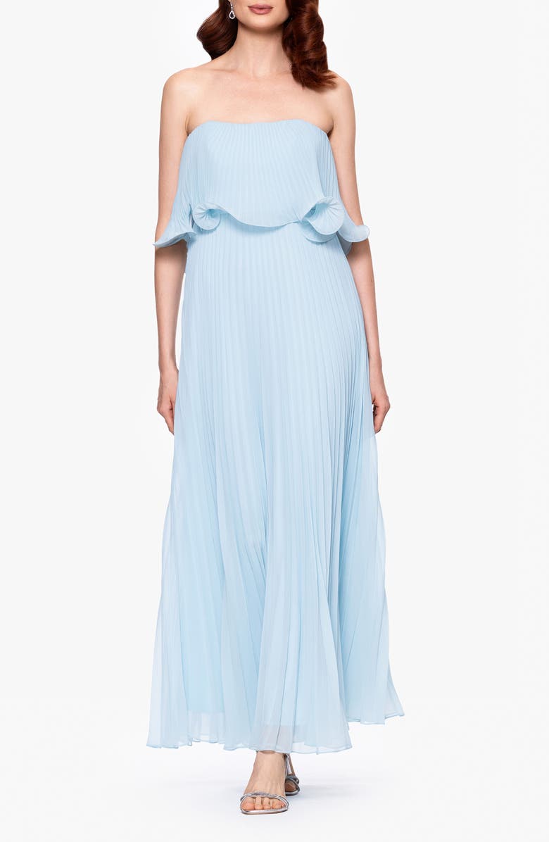 Betsy & Adam Pleated Strapless Chiffon Gown, Main, color, Aqua