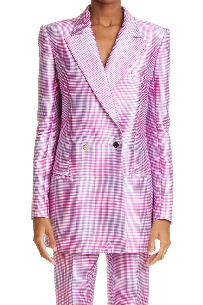 The Jessy Oversize Silk & Wool Mikado Blazer, Main, color, PURPLE GINGHAM