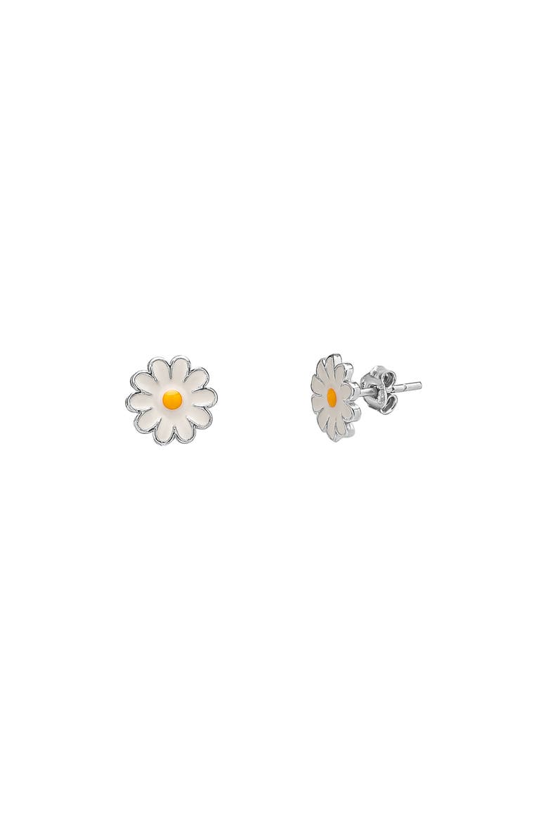 Enamel Daisy Stud Sterling Silver Earrings, Main, color, Silver