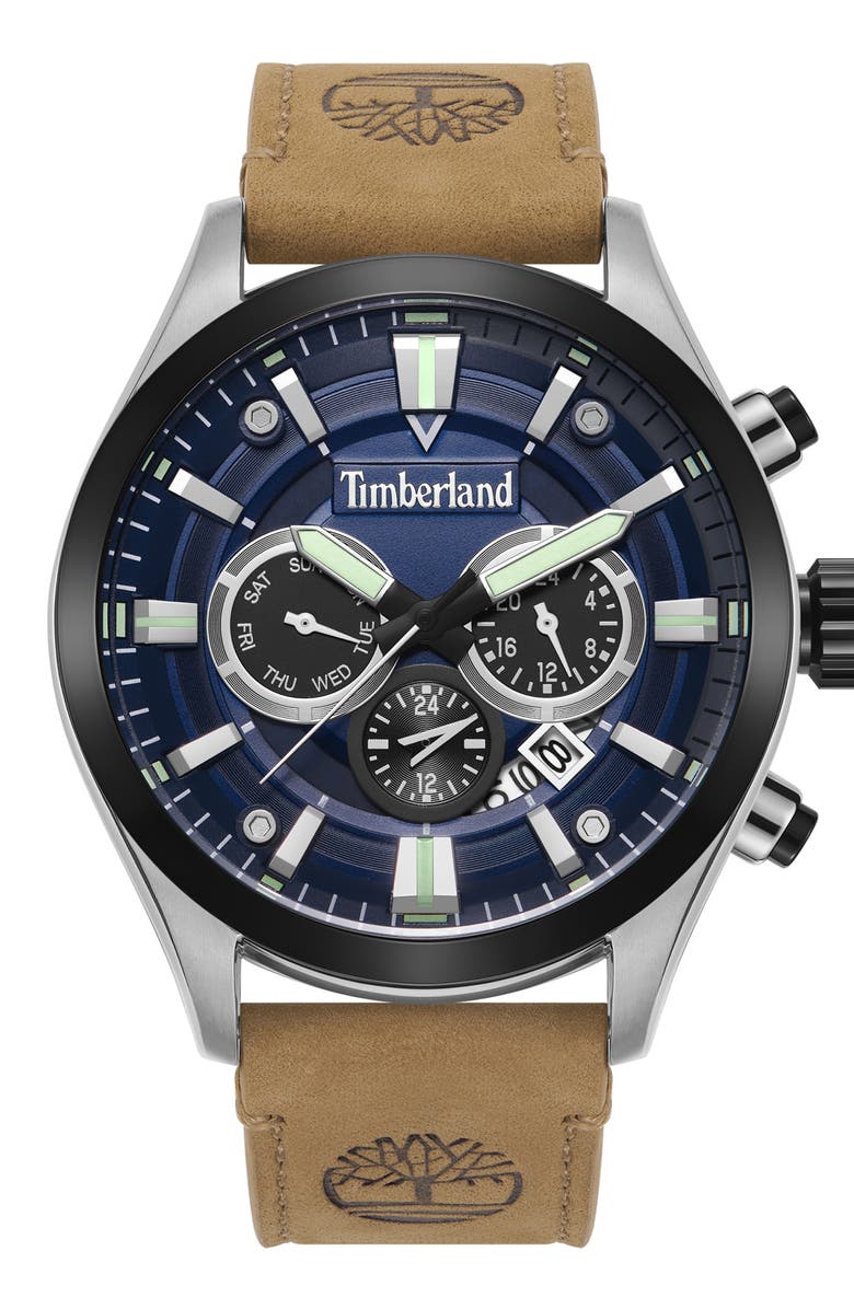 Timberland Tidemark Leather Strap Multifunction Watch, 46mm, Main, color, Camel