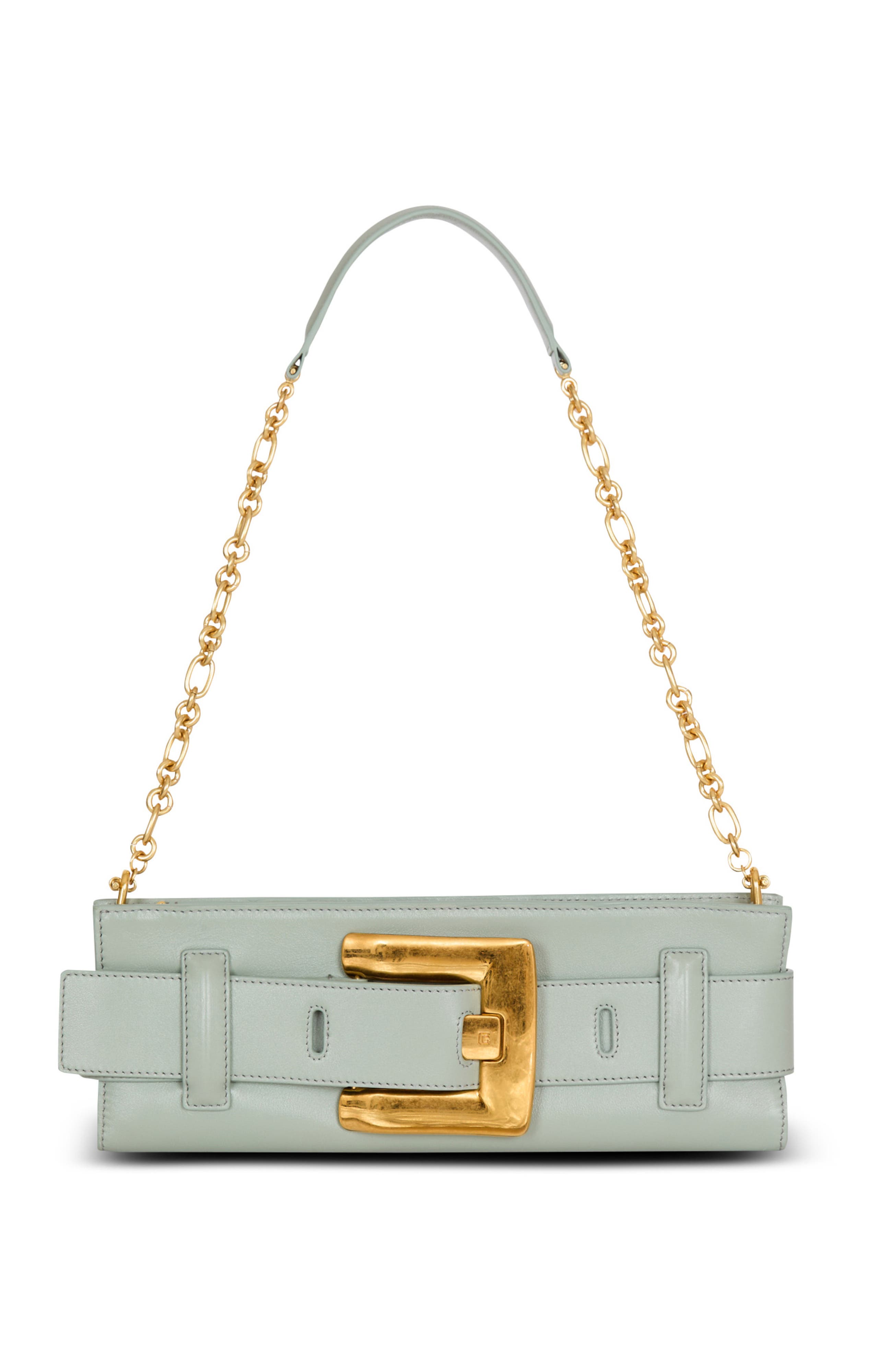 Balmain Anthem calfskin leather clutch, Main, color, Green