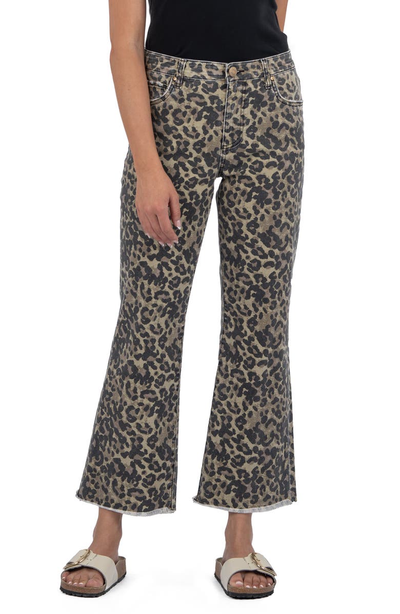 KUT from the Kloth Kelsey Leopard Print Frayed Mid Rise Ankle Flare Jeans, Main, color, 