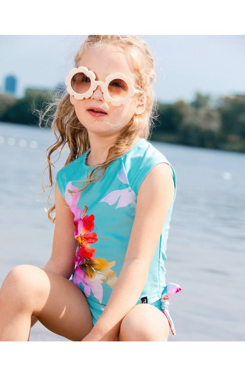 Deux par Deux Girl's Printed Two-Piece Swimsuit Turquoise And Pink Flowers, Alternate, color, 