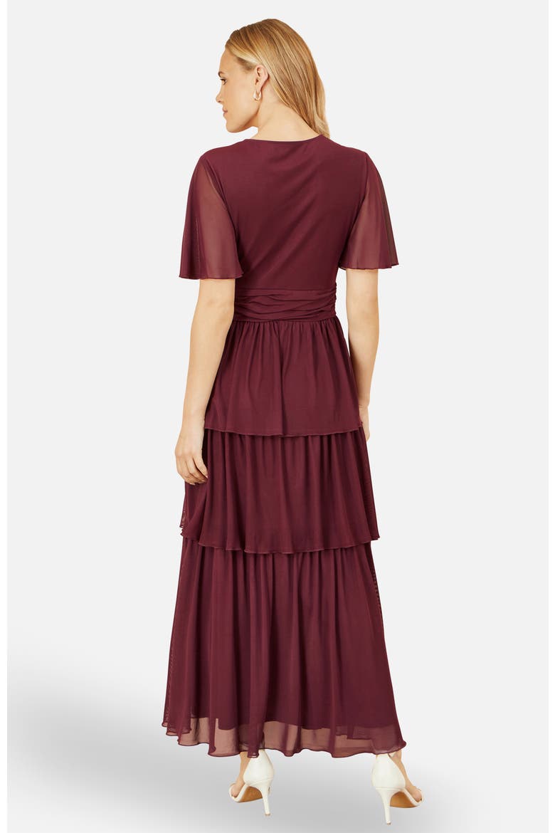 Mesh V-Neck Tiered Maxi Dress, Alternate, color, Burgundy