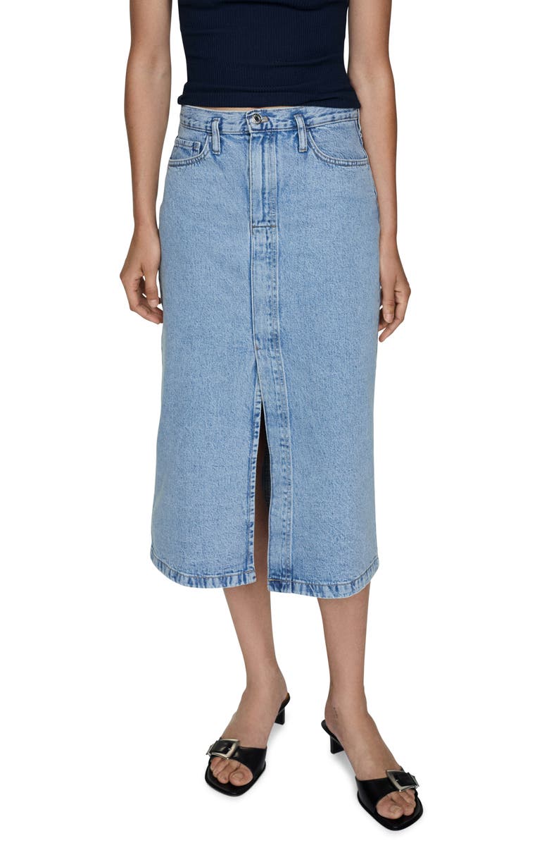 MANGO Front Slit Denim Midi Skirt, Main, color, 