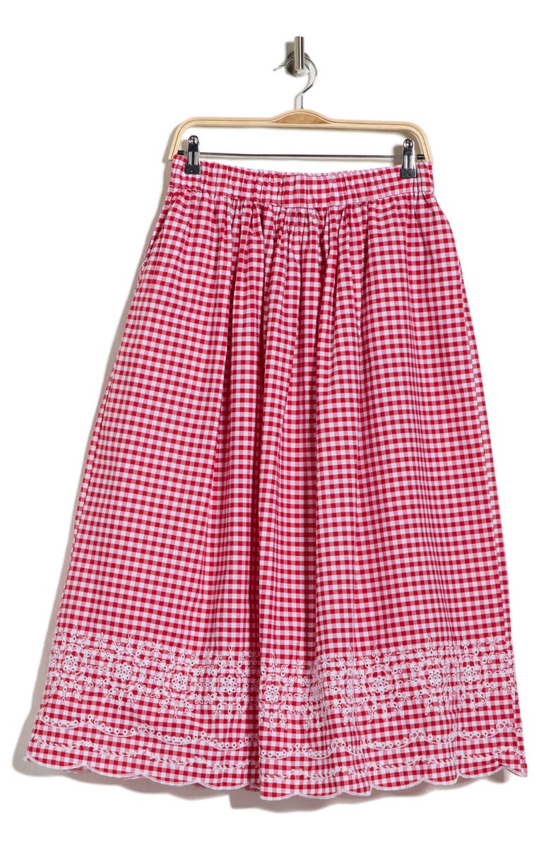 Ellen Tracy A-Line Embroidery Midi Skirt, Main, color, Red Gingham