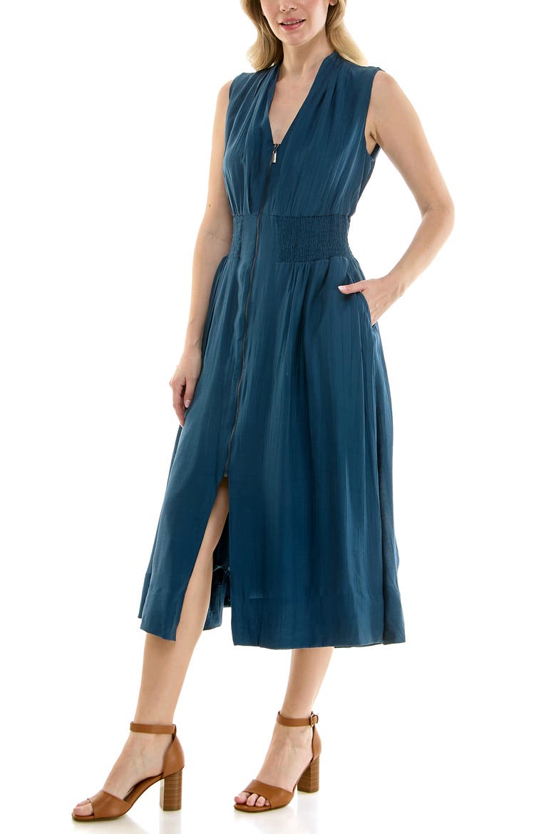 Smocked Waist Zip Front Midi Dress, Alternate, color, DARK DENIM