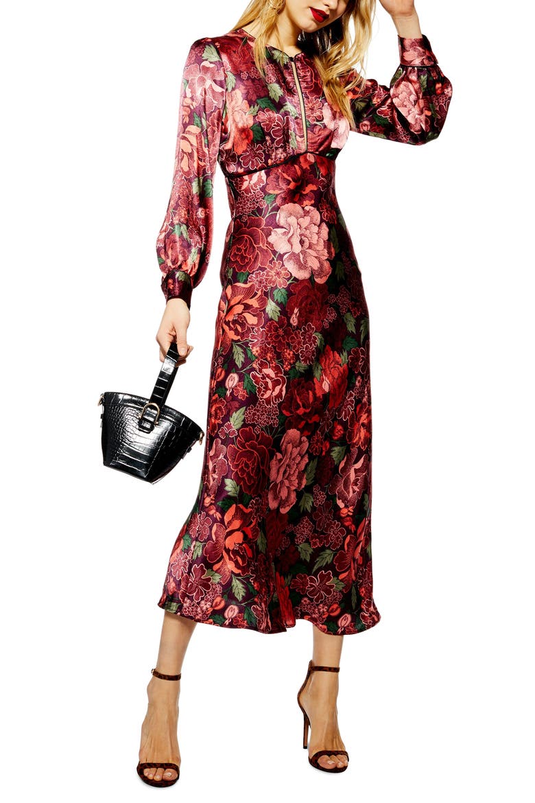 Satin Floral Midi Dress, Main, color, RED MULTI