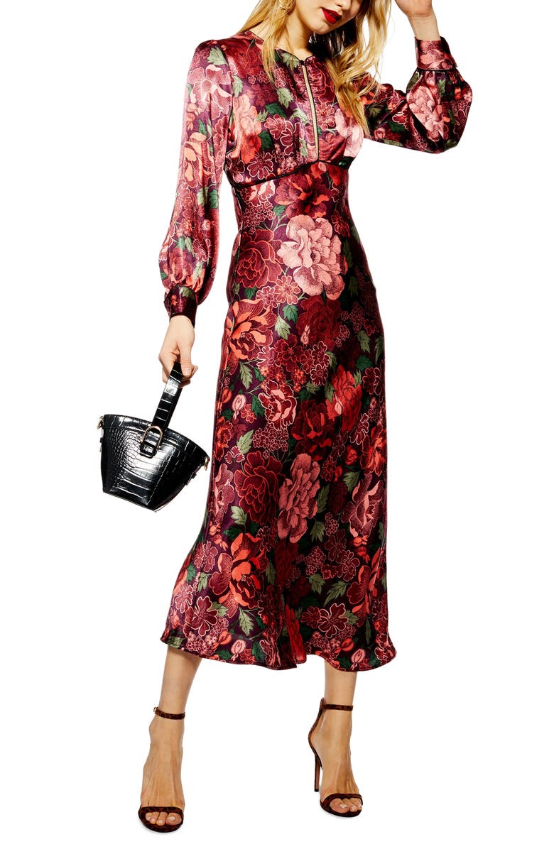 Topshop Satin Floral Midi Dress, Main, color, 