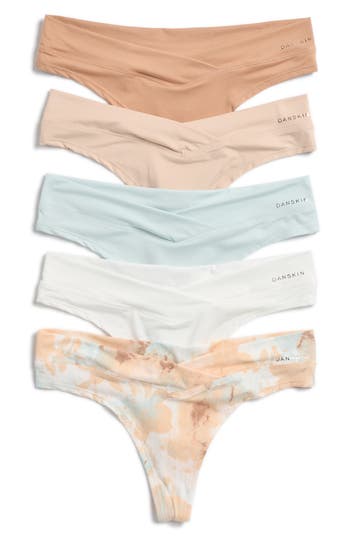 Danskin Assorted 5-pack Brushed Micro Thongs In Water/tan/zen