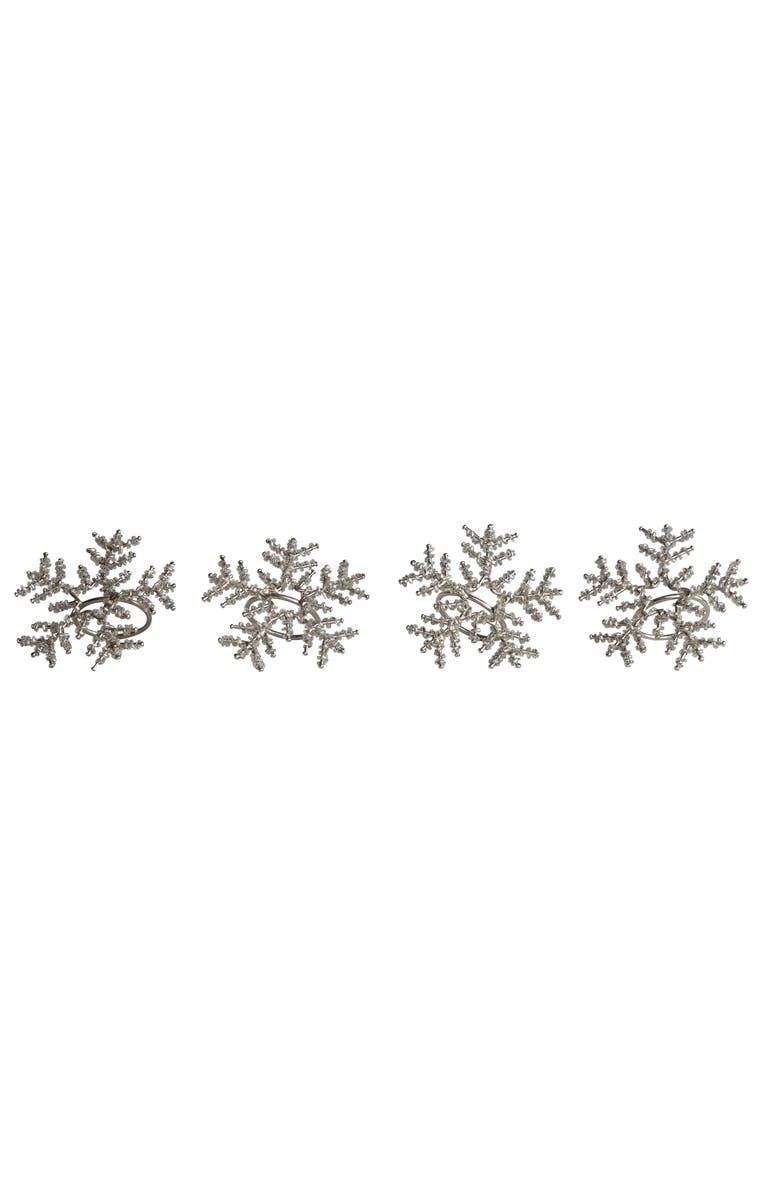 Storied Home 4-Piece Metal and Glass Beaded Snowflake Napkin Rings, Silver Finish, Main, color, Silver