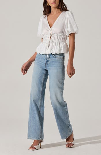 Floral Jacquard Tie Front Puff Sleeve Top