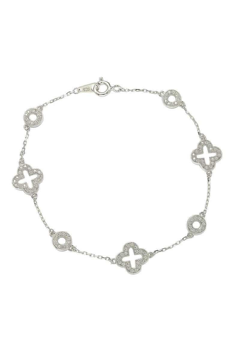 Sterling Silver Pavé CZ Clover Station Bracelet, Main, color, WHITE