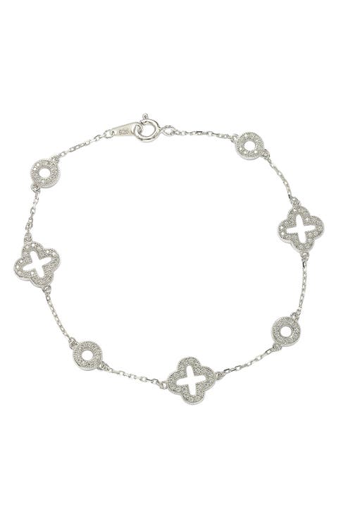 Sterling Silver Pavé CZ Clover Station Bracelet