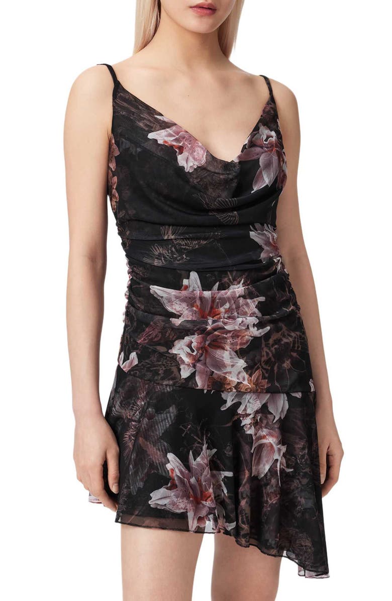 AllSaints Bea Asymmetric Hem Mesh Minidress, Alternate, color, Crystal Black