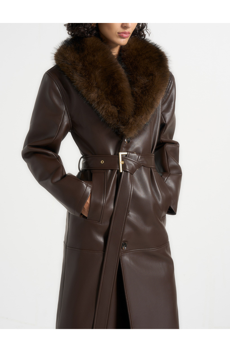 Manière De Voir Cenya Fur Collar Belted Leather Coat, Alternate, color, Brown