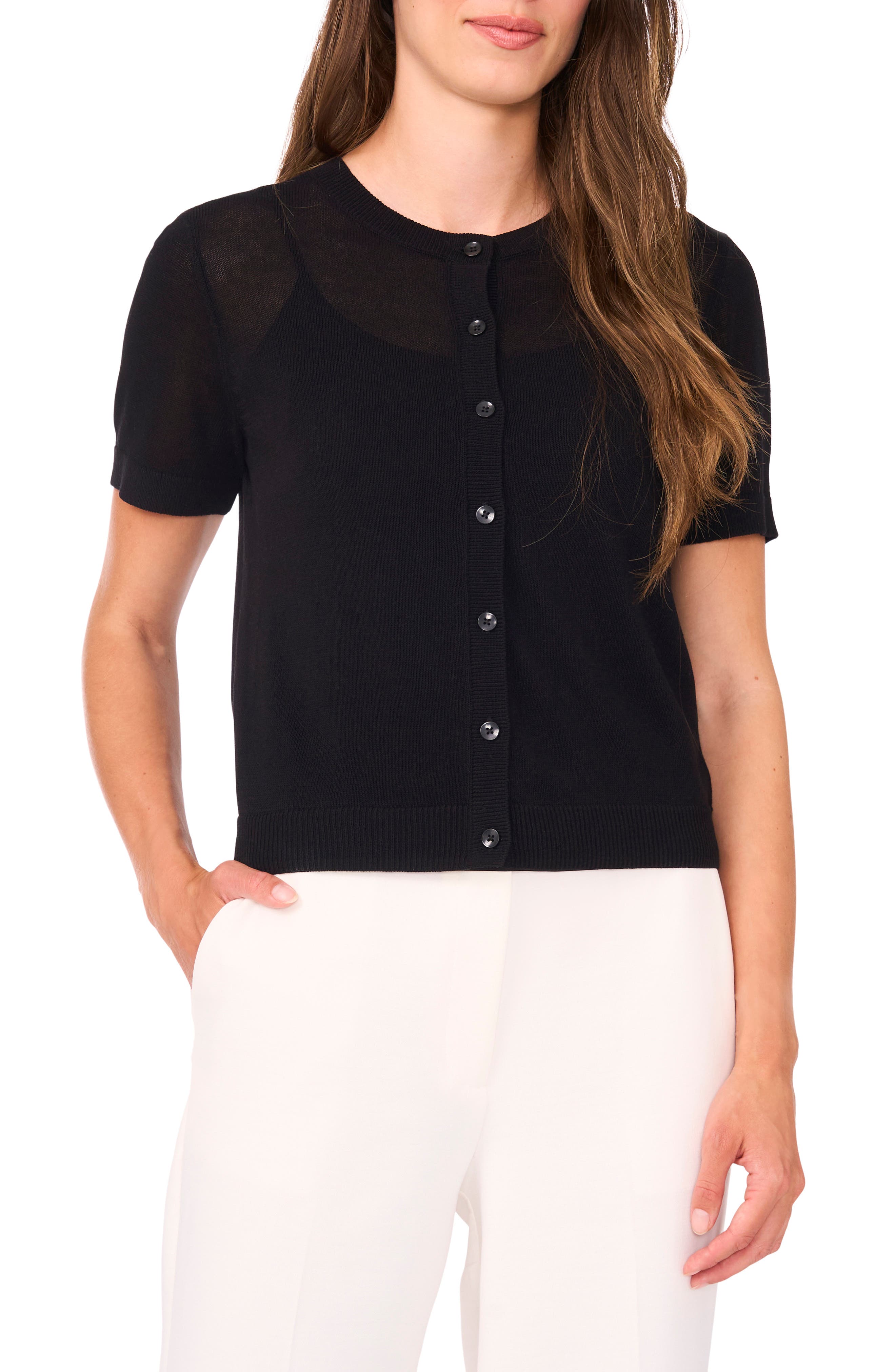 Halogen® Short Sleeve Button-Up Sweater