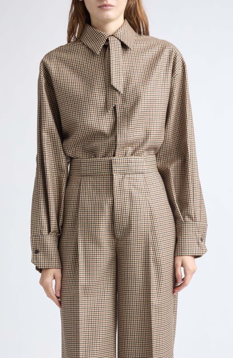 Houndstooth Wool Tie Neck Shirt