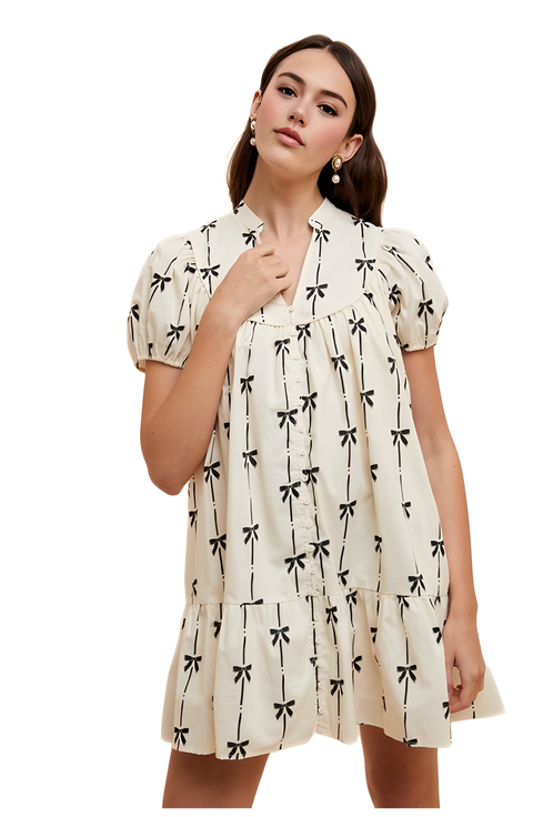 Short Sleeve Bow Print Mini Dress