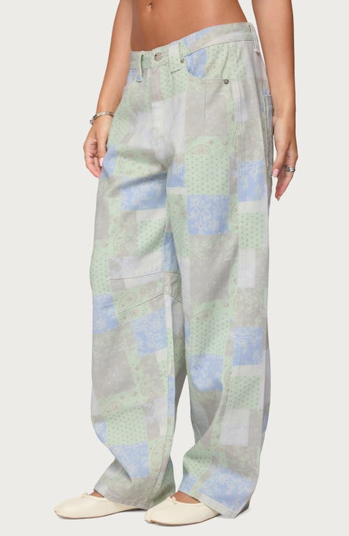 Edikted Patchwork Print Low Rise Wide Leg Jeans In Multi