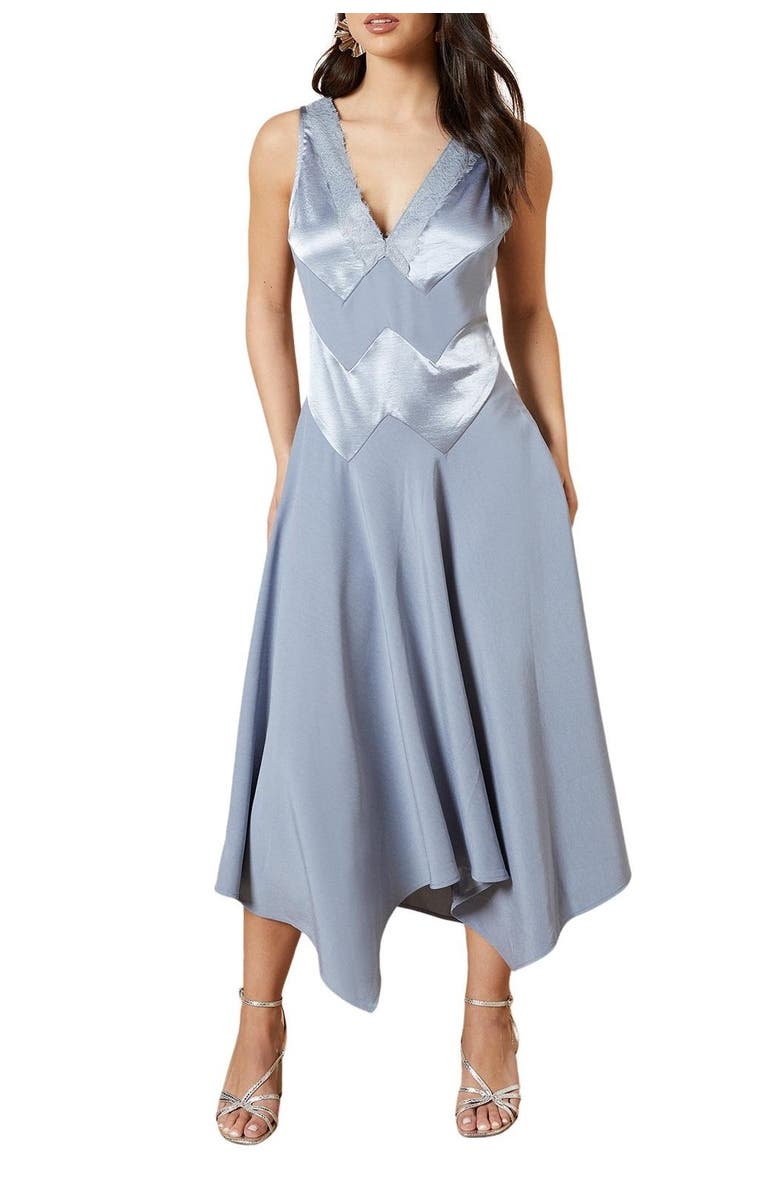 Oasis V-Neck Mesh Asymmetric Midi Dress, Alternate, color, Blue
