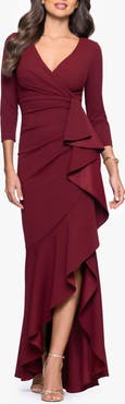 Betsy & Adam Ruffle Scuba Crepe Faux Wrap High-Low Mermaid Gown