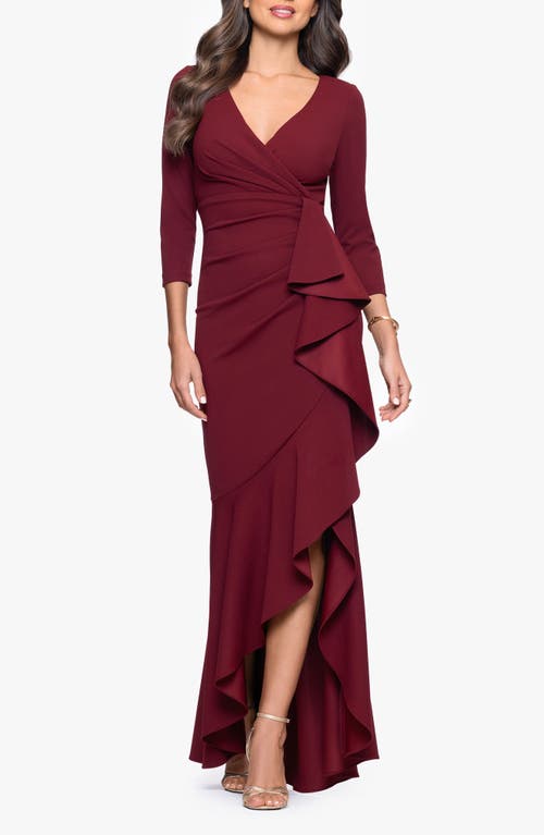 Betsy & Adam Ruffle Scuba Crepe Faux Wrap High-low Mermaid Gown In Burgundy