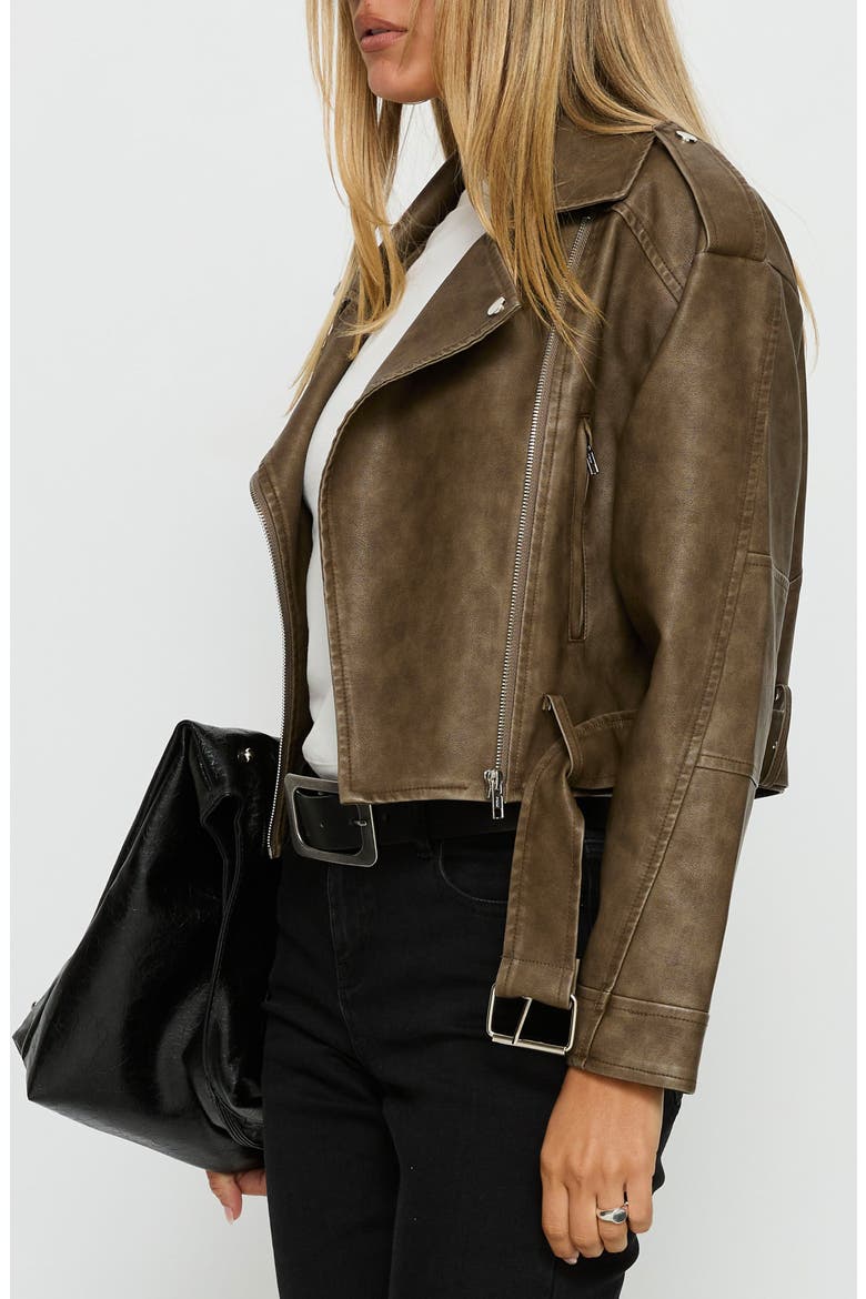Talisha Faux Leather Biker Jacket, Alternate, color, BROWN