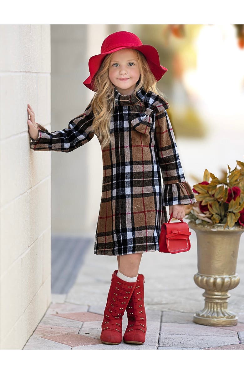 Mia Belle Girls Classic Plaid Long Sleeve Shift Dress, Alternate, color, Brown